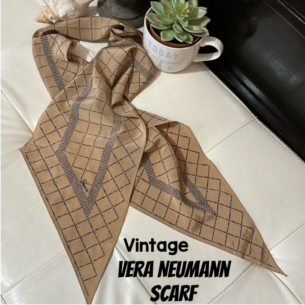 Vintage Vera Neumann Scarf-Long Style-Tan/Navy-Polyester